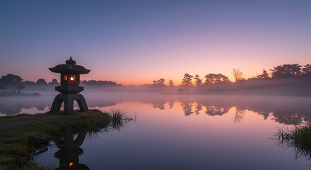 Serene Sunrise over Misty Lake with Illuminated Stone Lantern