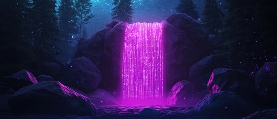 Mesmerizing Holographic Waterfall With Cascading Light Effects in a Mystical Forest Setting