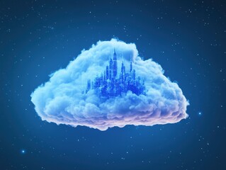 Digital Fortress Rising Above Clouds Representing Secure Network Architecture in Technology Visualization
