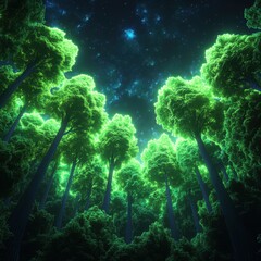 Serene 3D Digital Forest with Glowing Trees and Holographic Elements in a Night Sky