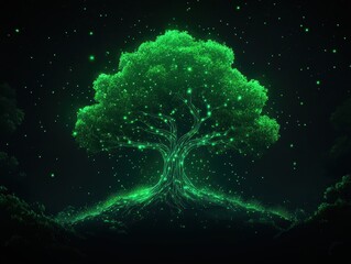 Glowing Digital Tree Forming Data Stream in a Sprawling Night Sky with Stars