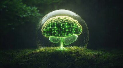 Ethereal Glowing Brain Encased in Glass Dome Surrounded by Lush Greenery in Mystical Setting