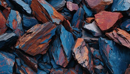 Close-up view of varied dark blue and rusty red slate rocks