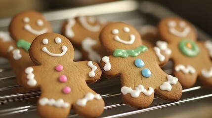 Festive gingerbread men cookies on a cooling rack.