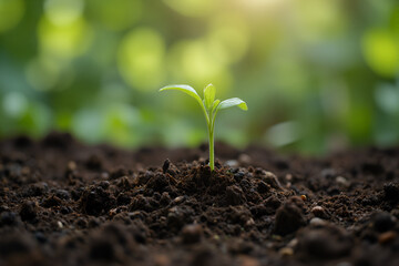 Young green plant sprouting from fertile soil in sunlight, symbolizing growth, nature, environment and new beginnings

