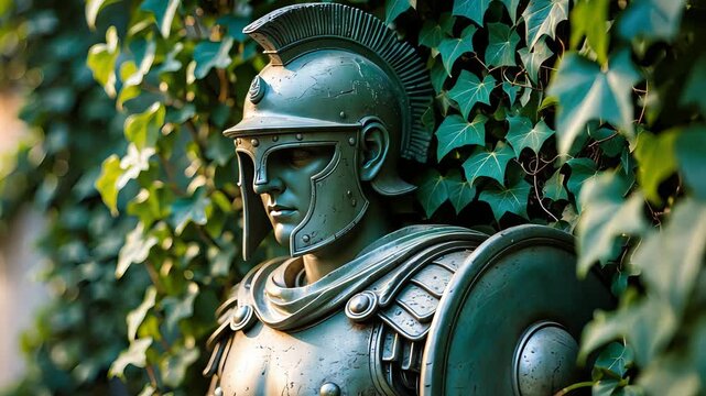 Ancient bronze Roman soldier statue in full armor with helmet and shield surrounded by dense green ivy leaves in an outdoor garden setting

