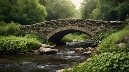 A weathered stone bridge spanning a small creek surrounded by dense greenery