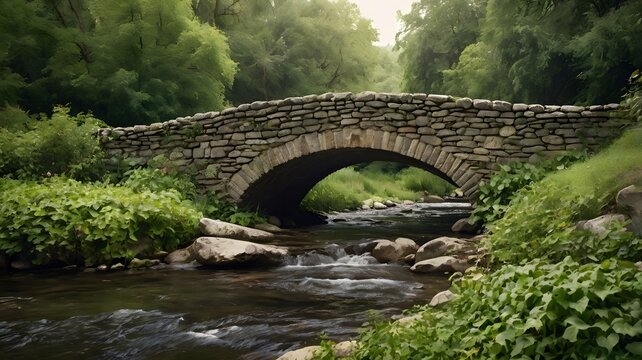 A weathered stone bridge spanning a small creek surrounded by dense greenery