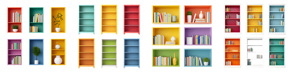 Colorful and modern bookshelves showcasing a variety of vibrant hues, minimalist decor, and stylish plant arrangements ideal for enhancing any contemporary space