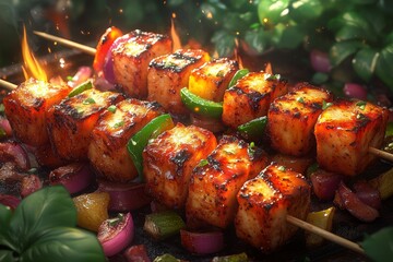 Flaming Paneer Tikka skewers grilling, vibrant background, delicious Indian food