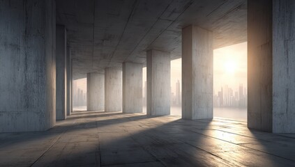 Obraz premium Empty, modern concrete hall, sunlit, city view