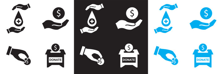 Charity and Donation icons. Help, caring, solidarity, alms, donate, volunteer, care, charity icon. Vector illustration. isolated on white and black background. EPS 10