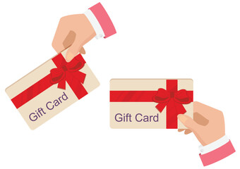 Human hand holding a gift card with ribbon isolated on white background.