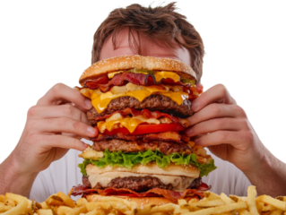 Giant burger challenge, man facing an enormous stacked burger with fries