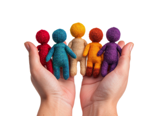 Holding a Spectrum: Colorful Knit Figures Supported in Caring Hands
