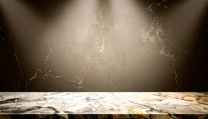 Empty grey marble tabletop with dark black cement stone background for product displayed in rustic mood and tone. Luxury background for product stand with empty copy space for party, advertisement.