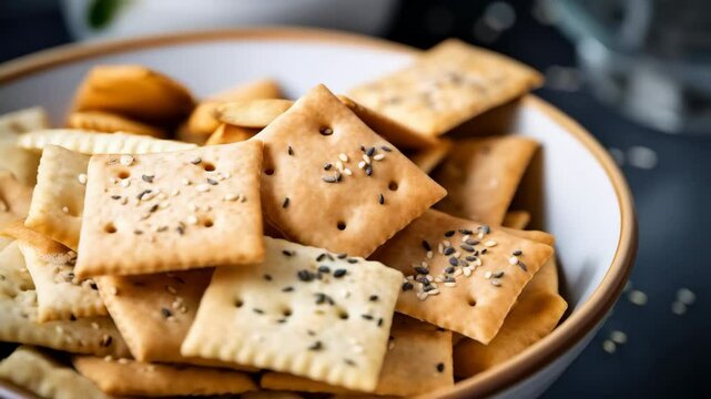 close up of salted crispy crackers in white bowl 