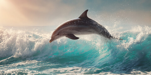 Dolphin jumping through ocean waves at sunrise. Inspiring and dynamic scene for World Whale and Dolphin Day, July 23.