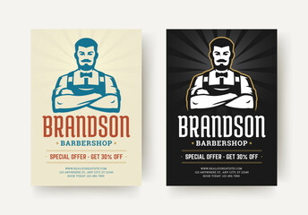 Retro barbershop flyer featuring a bold mustached male figure, special discount offer, strong typography and stylish design for promotional use. Vector illustration