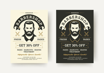 Vintage style barbershop flyer featuring a classic male portrait, scissors icons, bold discount message and clean layout for grooming service promotions. Vector illustration