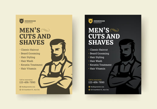Elegant barbershop flyer with vintage-inspired layout, classic male figure, detailed haircut service list, retro typography and contact information for stylish promotion. Vector illustration