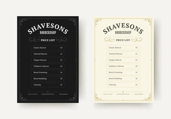 Elegant barbershop flyer with vintage style layout, ornate borders, structured price list, and minimalist design suitable for hairdressing businesses. Vector illustration