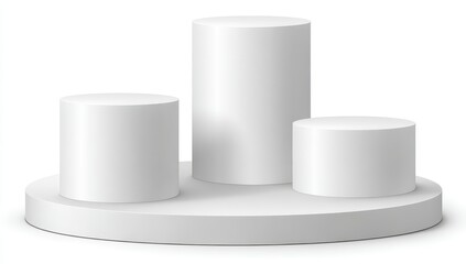 Three white cylindrical podiums on a circular base