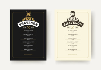 Barbershop flyer featuring a male character mascot, vintage layout, classic price list, scissors icon, and decorative borders. Suitable for print and branding. Vector illustration