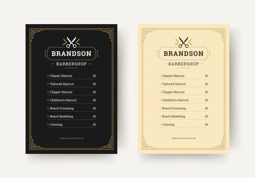 Barbershop flyer design with uniform service pricing, vintage ornamental borders, scissors icon, and classic layout for promotional use. Suitable for print and branding. Vector illustration