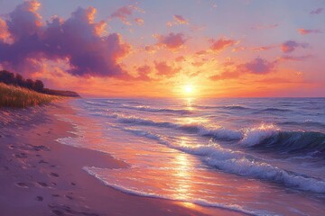 Sunset beach, waves, peaceful sky, vacation, postcard