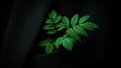 Verdant sprig in a dark coat pocket