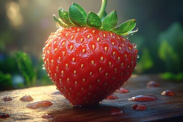 Juicy strawberry, sunlit garden, dew drops, wooden surface, food photography