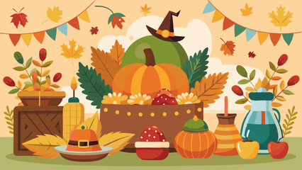Cartoon Thanksgiving arrangement with pumpkins, autumn leaves, candles, apples and festive decorations in a cozy fall setting