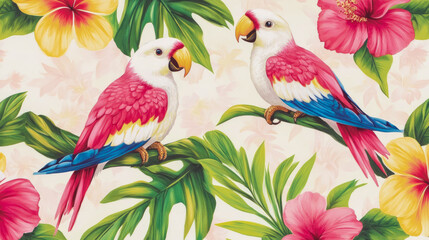 Tropical Avian Paradise: Whimsical Parrot Duo Amidst Hibiscus Bloom and Lush Foliage, Exotic Wildlife Art