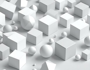Abstract White Geometric Shapes Cubes, Spheres, and Polyhedrons