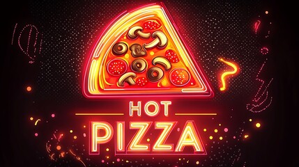 Neon sign design of a pizza slice with the words "hot pizza".