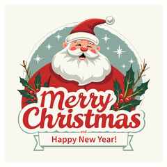 Merry Christmas and Happy New Year greeting card with Santa Claus. Vector illustration.