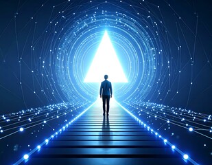 Digital Transformation Man Walking Towards Futuristic Triangle Gateway