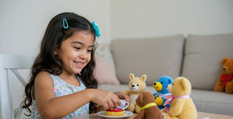 Cute girl having tea party with teddy bears on sofa with blue hairclip. Childhood imagination and pretend play concept for toy store promotions and daycare activities