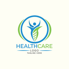 Green wellness and healthcare logo design-abstract human figures with green leaves and healthy lifestyle