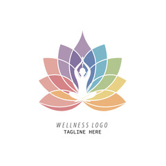 Green wellness and healthcare logo design-abstract human figures with green leaves and healthy lifestyle