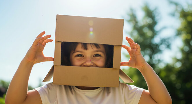 Smiling boy wearing cardboard robot costume with square head outdoors in sunny garden. Creative dress up play for imaginative adventures and diy craft activities