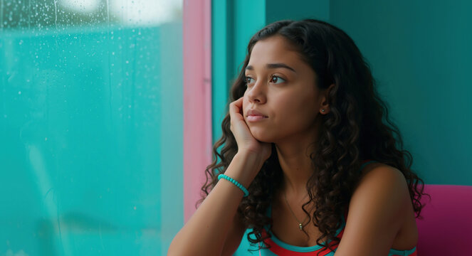 Teen girl with hand on cheek looking thoughtfully through rainy window with water droplets. Teenage emotions for youth mental health awareness and rainy day mood reflection - Powered by Adobe