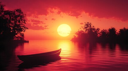 A serene sunset over a tranquil lake with a small boat.