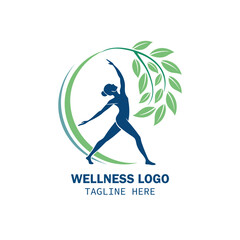 Green wellness and healthcare logo design-abstract human figures with green leaves and healthy lifestyle