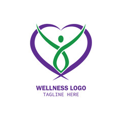 Green wellness and healthcare logo design-abstract human figures with green leaves and healthy lifestyle