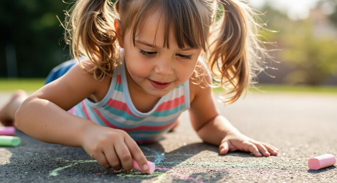 Focused girl with blonde hair drawing with pink chalk on pavement outdoors. Creative sidewalk art and outdoor play concept for summer activities and artistic expression