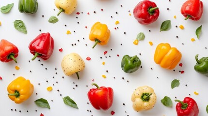 Fresh bell peppers in red, yellow, and green colors are artfully arranged on a white background, highlighting their crisp texture and vibrant hues, ideal for healthy meals and recipes