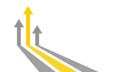 A yellow arrow leads in front of two gray arrows, all pointing upward from the bottom left on a white background. Competition and leadership concept.