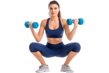 Woman Doing Squats with Dumbbells in Gym Attire on White Background